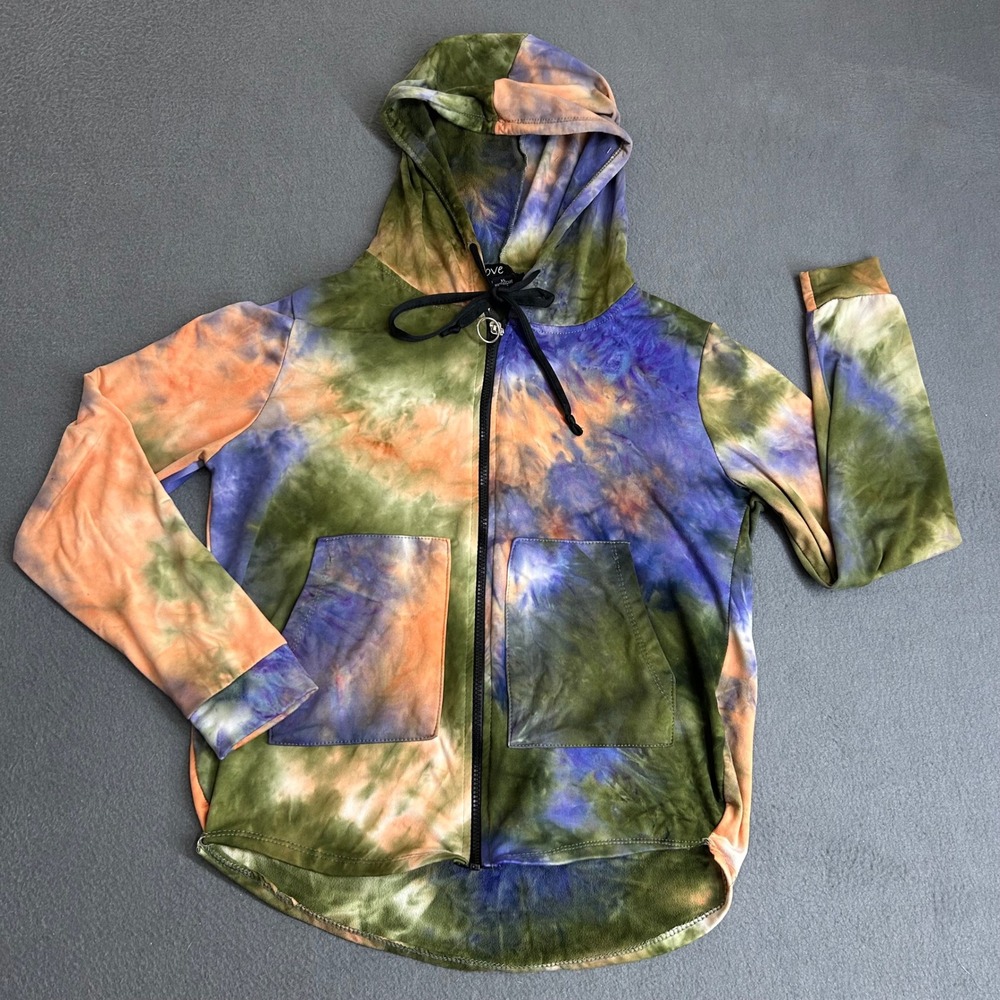 Love Hoodie Womens XL Multi Color‎ Tie Dye Full Zip O-Ring High Low Sweatshirt